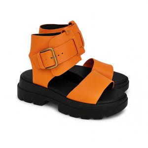 Handgefertigte stilvolle bequeme Damen Plateau Sandalen mit verstellbarer Schnalle, Knöchelriemen, Orange Leder, Plateau Sandalen, Sommerschuhe