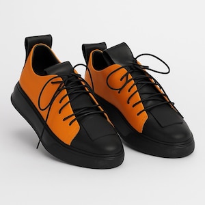 Orangefarbene Leder-Turnschuhe für Damen, Designer-Turnschuhe, trendige Casual Damenschuhe, kundenspezifische Lederschuhe, einzigartiges Geschenk für sie, schwarz und orange