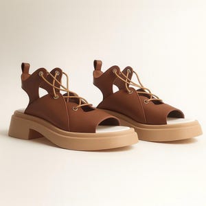 Braune flache Ledersandalen für Damen, handgefertigte Schuhe, Damen-Plateau-Sandalen mit Schnürsenkeln, offener brauner Lederschuh, Designerschuhe