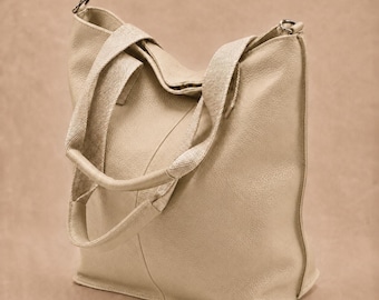 Beige soft leather tote for women,large leather tote bag,work & travel leather tote,versatile shoulder bag,crossbody tote,modern casual bag