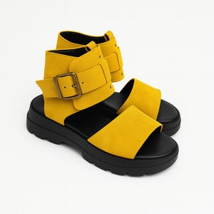Handmade Stylish Comfortable Women&#39;s Platform Sandals with Adjustable Buckle, Ankle strap,yellow leather Platform sandals, Summer shoes Wome