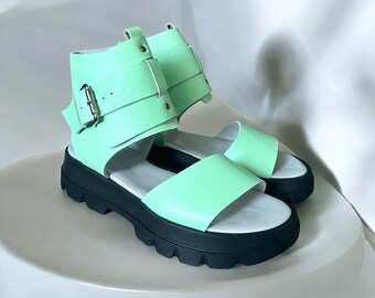 All day comfort sandals Handmade Sandals, Trendy Women&#39;s Platform Sandals with Adjustable Buckle,Ankle strap, Breathable Mint leather shoes