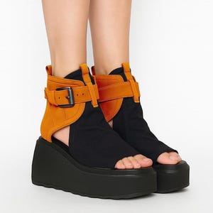 Handmade Platform Sandal Boots,Summer Boots, Buckles,Unique Design Sandals, Black leather sandals,Black and Orange Fashion Sandals,Open Toe