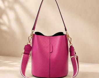 Fuchsia Bucket Bag for Women ,Women's Fuchsia Shoulder Bag ,Genuine leather tote,Pink Handmade bag,Crossbody Pink purse,Gift for women
