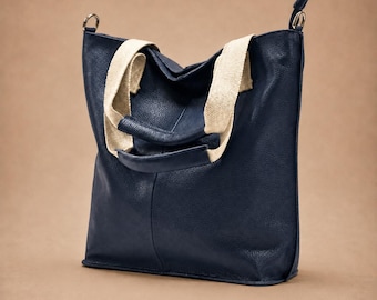 Navy soft leather tote for women,large leather tote bag,work & travel leather tote,versatile shoulder bag,dark blue crossbody tote