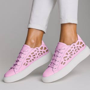 Women’s Summer Leather Cutout Sneakers,Breathable,Pink leather sneakers,Perfect for Casual Outfits and Travel, summer shoes,Gift for women