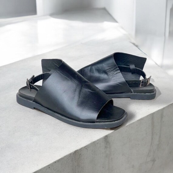 Asymmetrical Black Leather Slides Flat Sandals summer Slip ons casual Stylish Open toe Shoes genuine Leather black Boho Leather Sandals Etsy