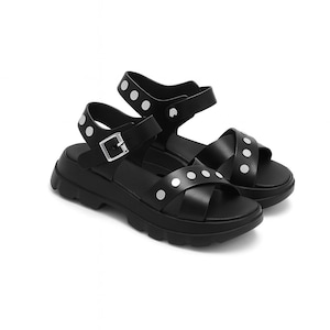 Sandals with studs,Black comfort sandals Handmade Sandals,Platform Sandals with Adjustable Buckle,Ankle strap,Breathable Black leather shoes