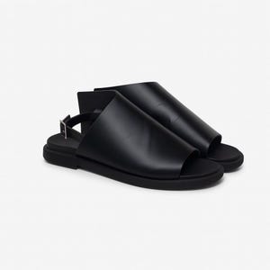 Asymmetrische zwarte leren slippers, platte sandalen, zomerslippers, casual stijlvolle schoenen met open neus, echt leer, zwarte boho-leren sandalen