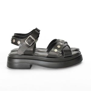 Sandals with studs,Black comfort sandals Handmade Sandals,Platform Sandals with Adjustable Buckle,Ankle strap,Breathable Black leather shoes
