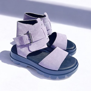 Handmade Stylish Comfortable Women&#39;s Platform Sandals with Adjustable Buckle, Ankle strap, Purple leather Summer shoes, Platform sandals