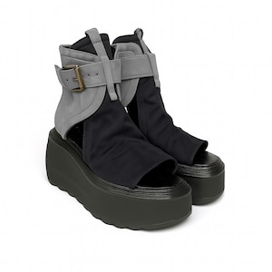 Handmade Platform Sandals Boots,Summer Boots, Buckles,Unique Design Sandals, Black leather sandals,Black and Gray Fashion Sandals,Open Toe