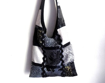 Patchwork de Style fait main sac à main... Sac à bandoulière unique... Tissu couleur blanc argent noir... Tous les jours sac décontracté...