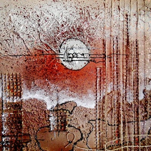May include: Abstract painting with a textured background in shades of brown, red, and white. The painting features a circular shape in the center, surrounded by lines and geometric shapes.