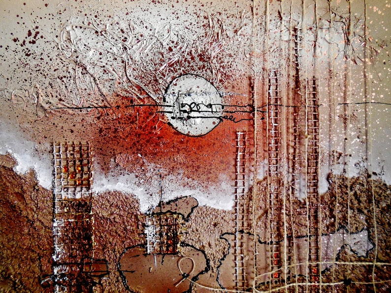May include: Abstract painting with a textured background in shades of brown, red, and white. The painting features a circular shape in the center, surrounded by lines and geometric shapes.