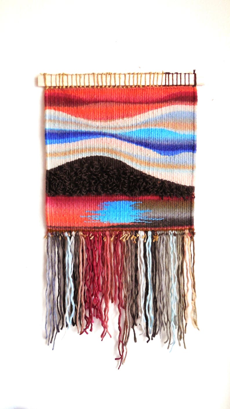 Hand Woven Tapestry..."Sunset At The lake"...Wall hanging Tapestry..Woven Abstract..Bohemian tribal Art..Fiber Art..Home Decoration image 3