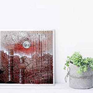 May include: Abstract art print with a red, white, and brown color scheme. The print features a large circle in the center and a textured background.