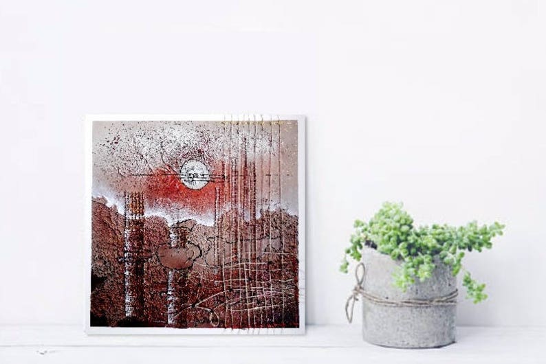May include: Abstract art print with a red, white, and brown color scheme. The print features a large circle in the center and a textured background.