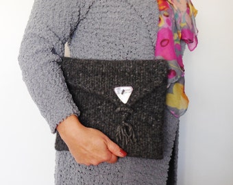 Knitted and Felted Clutch...Hand made Purse...Grey Knitted Clutch