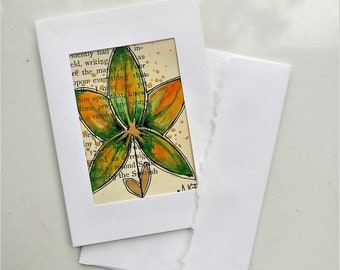 Greeting card Artist Trading Card hand painted in watercolor on a book page and set in card frame with an envelope, blanc inside