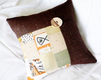 Pillow with modern patchwork design, Throw decorative couch pillow case hand sewn with cotton fabrics and ceramic hand made button