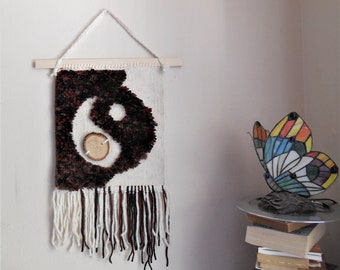 Hand woven tapestry with "Yin-Yang" design and natural fibers, Unique wall hanging decoration