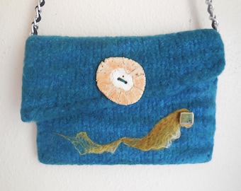 Knitted Purse, Handmade Knitted Shoulder Bag With Ceramic Handmade Button and Hand felted design, Wearable Art Purse, Unique Gift Idea, OOAK