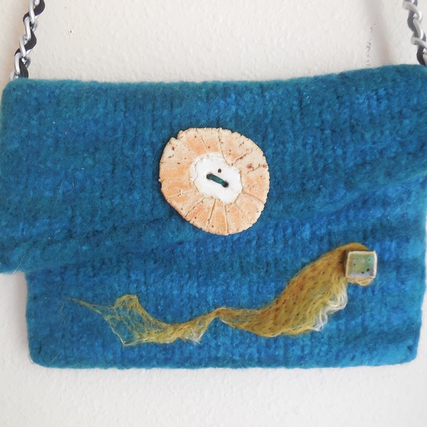 Knitted Purse, Handmade Knitted Shoulder Bag With Ceramic Handmade Button and Hand felted design, Wearable Art Purse, Unique Gift Idea, OOAK