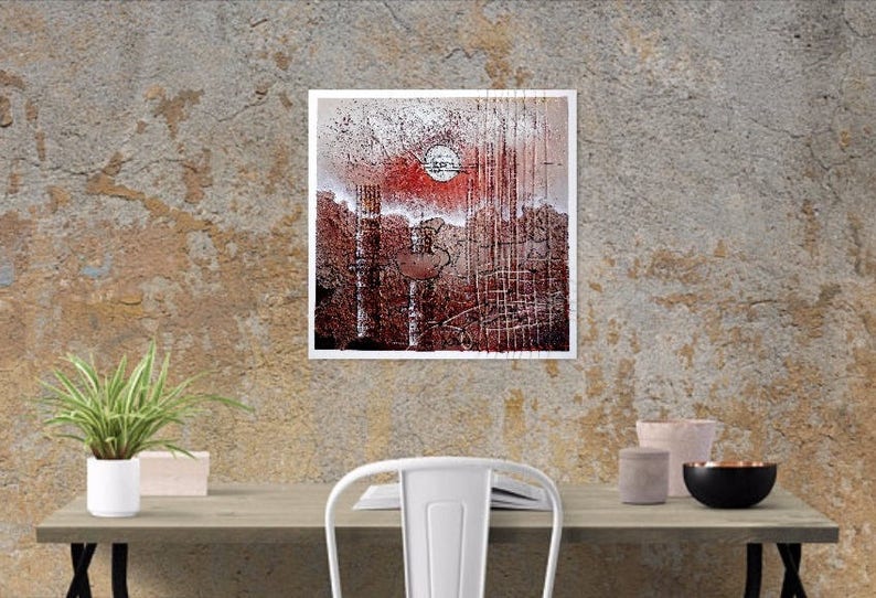 May include: Abstract art print with a red, white, and black color scheme. The print features a circular shape in the center and a textured background.