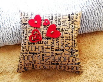 Pillow..Throw Heart Pillow..Valentines Day Gift Pillow..Mothers Day Gift Pillow..Red Hearts and Burlap Pillow...Original Design Pillow