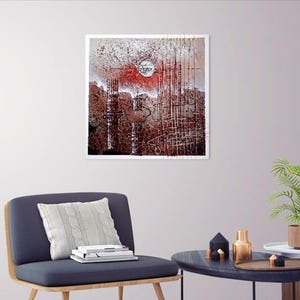 May include: Abstract art print with a red, white, and brown color scheme. The print features a large circle in the center and a grid pattern in the background.