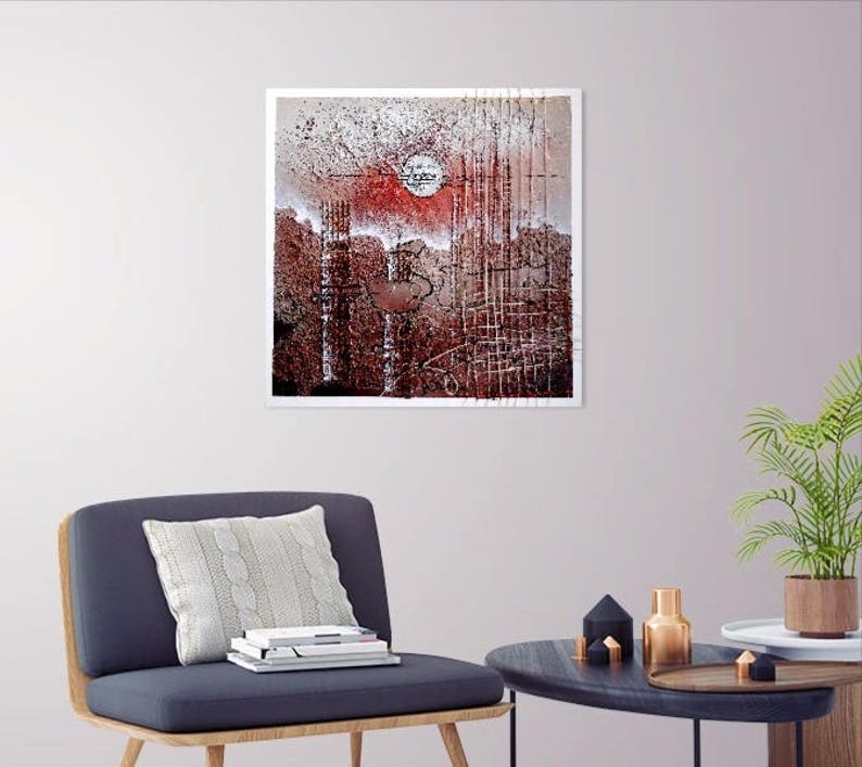 May include: Abstract art print with a red, white, and brown color scheme. The print features a large circle in the center and a grid pattern in the background.