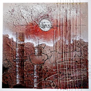 May include: Abstract mixed media artwork with a red, brown, and white color scheme. The artwork features a circular shape in the center, surrounded by textured lines and shapes. The artwork is framed with a white border.
