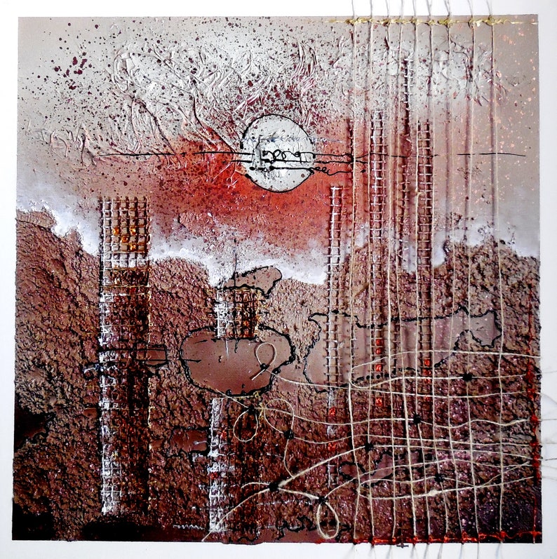 May include: Abstract mixed media artwork with a red, brown, and white color scheme. The artwork features a circular shape in the center, surrounded by textured lines and shapes. The artwork is framed with a white border.