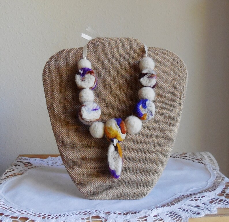 Fiber Art Necklace...Unique Gift...Wearable Art necklace...Sandy Beach ... Necklace ... Hand Felted Beads ... Two in One ... image 3