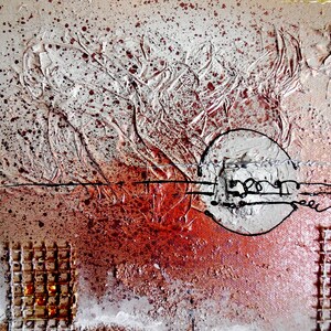 May include: Abstract art painting with a textured, metallic silver background. The painting features a red and white splatter pattern, a black circle with a white center, and black lines. The painting also features a grid pattern in the lower right corner.