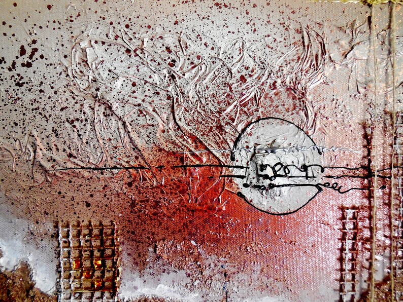 May include: Abstract art painting with a textured, metallic silver background. The painting features a red and white splatter pattern, a black circle with a white center, and black lines. The painting also features a grid pattern in the lower right corner.