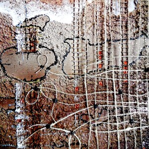 May include: Abstract mixed media artwork with a brown, white, and black color scheme. The artwork features a grid pattern with white string and black lines, and a brown textured background.