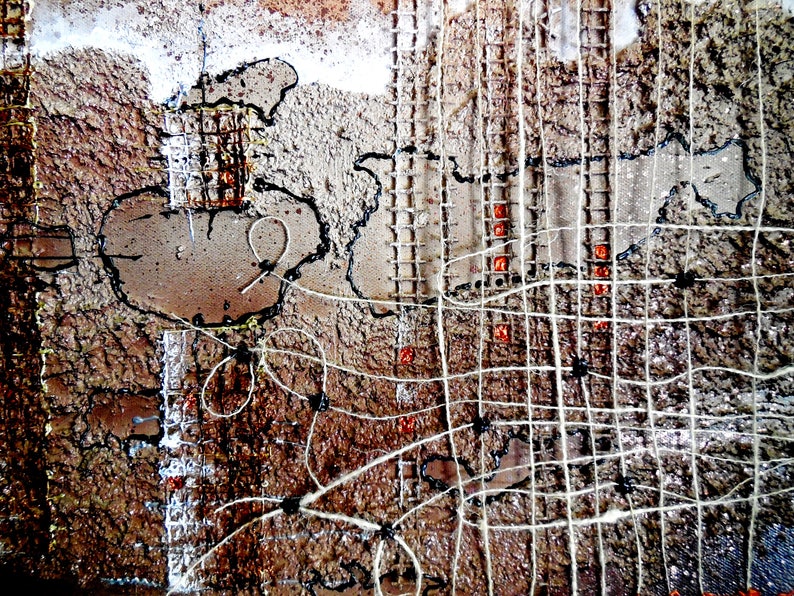 May include: Abstract mixed media artwork with a brown, white, and black color scheme. The artwork features a grid pattern with white string and black lines, and a brown textured background.