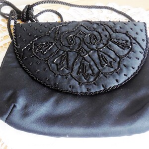 Evening Purse...Black...Beaded...Satin, Vintage Black Evening Purse, Elegant Ballgown Purse,