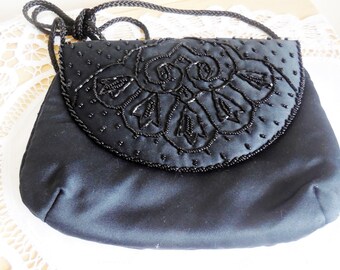 Evening Purse...Black...Beaded...Satin, Vintage Black Evening Purse, Elegant Ballgown Purse,