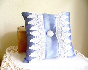 Ring Bearer Pillow...Blue Wedding Pillow...Decorative Pillow...Silk and Lace