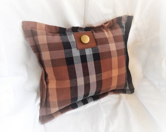 Hand made pillow in brown and beige plaid soft cotton with gold button