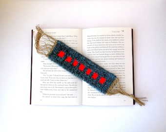 Hand Woven Bookmark..Red Navy Blue Bookmark...Fiber Art..Hand made Bookmark..For Book Lovers...Unique Bookmark..Woven Bookmark..Rustic Style