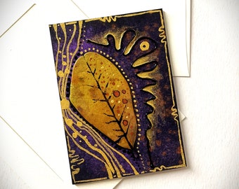 Artist Trading Card Greeting Card with Real Leaf, Hand Drawn and Painted, Unique Greeting Card and Piece of Art to Collect Or as a Gift