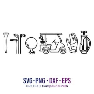 Puede incluir: Ilustración en blanco y negro de elementos relacionados con el golf. Incluye un tee de golf, palos de golf, una pelota de golf, un carrito de golf, un guante de golf y una bolsa de golf. También contiene el texto "SVG • PNG • DXF • EPS" y "Cut File + Compound Path."
