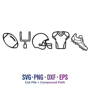 Puede incluir: Dibujo lineal en blanco y negro de equipamiento de fútbol americano, que incluye un balón, postes de portería, casco, camiseta y bota. El texto "SVG • PNG • DXF • EPS" y "Cut File + Compound Path" están debajo.