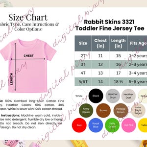 Puede incluir: Una camiseta rosa de jersey fino para niños pequeños con una tabla de tallas, detalles de la tela y opciones de color. La tabla de tallas incluye medidas de pecho y largo en pulgadas para las tallas 2T a 5/6T. Las opciones de color incluyen blanco, negro y varios tonos.