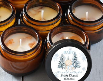 Winter Baby Shower Candle Favors - 1oz Amber Jar Soy Candles - Baby It's Cold Outside Theme - Personalized Baby Shower Gifts - 10 25 50 Pack