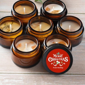 Custom Christmas Soy Candle Favors: 1oz Amber Jar, Personalized Corporate Holiday Gifts